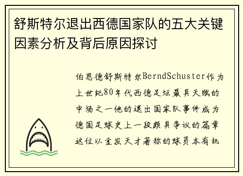 舒斯特尔退出西德国家队的五大关键因素分析及背后原因探讨